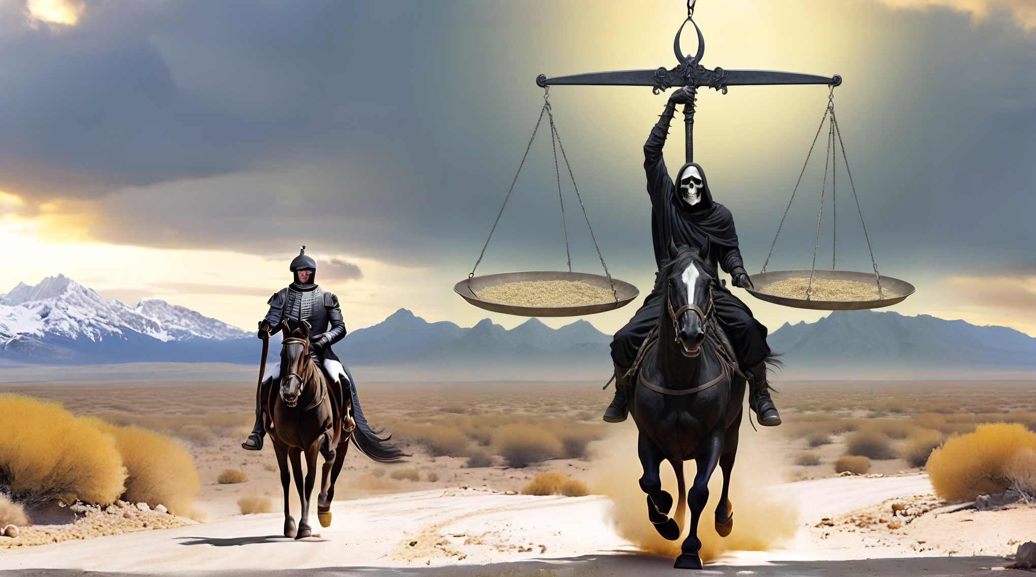 Rider on black horse with pair of scales